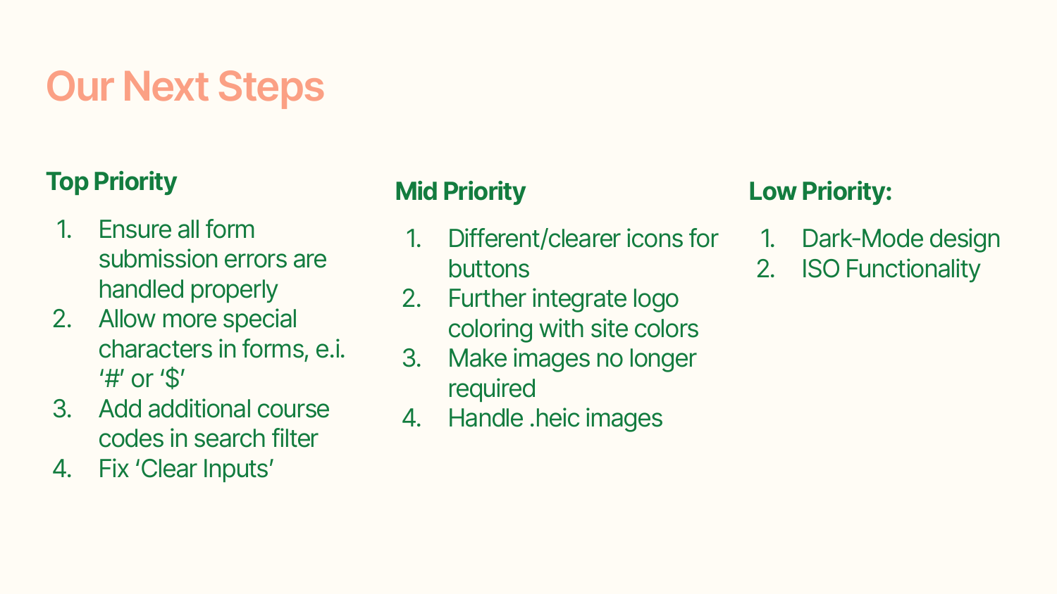 Usability findings organized into high, medium, and low implementation priorities