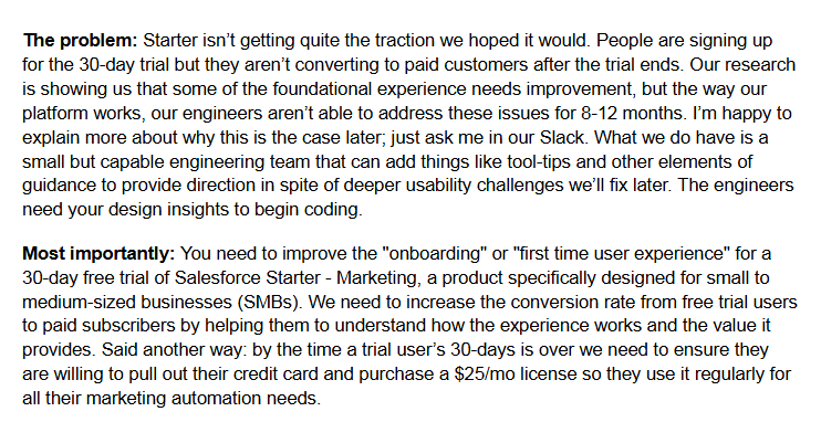 Salesforce brief asking for feasible improvements to the 30-day Starter trial